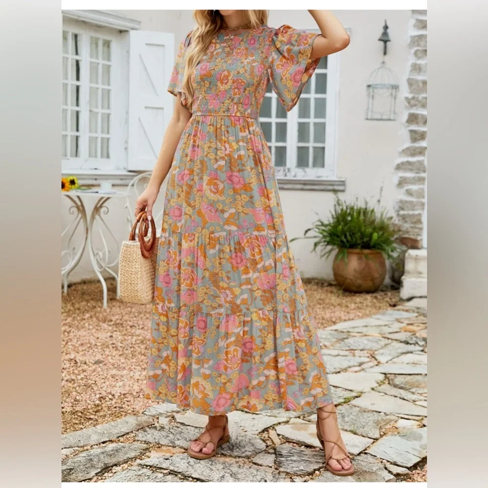 ZESICA Women's Floral Print Flutter Sleeve Smocked High Waist Flowy Maxi Dress - Picture 1 of 6
